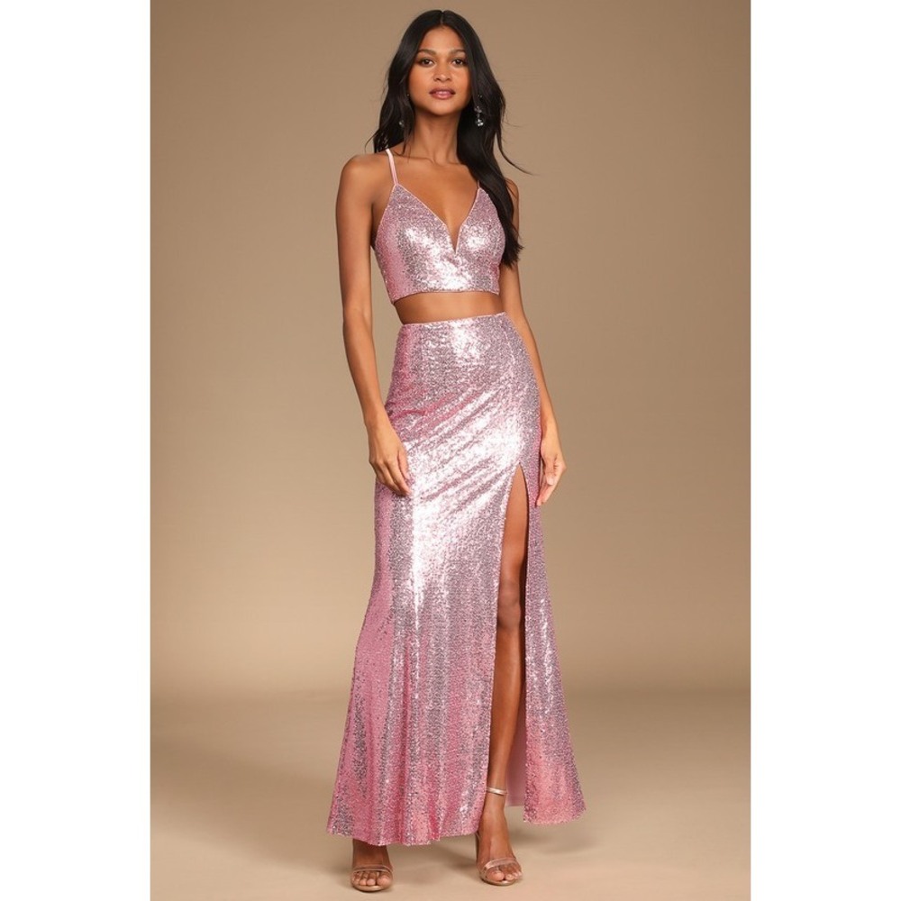 Lulus Spotlights Shining Pink Sequin Two-piece Maxi Dress - Size S